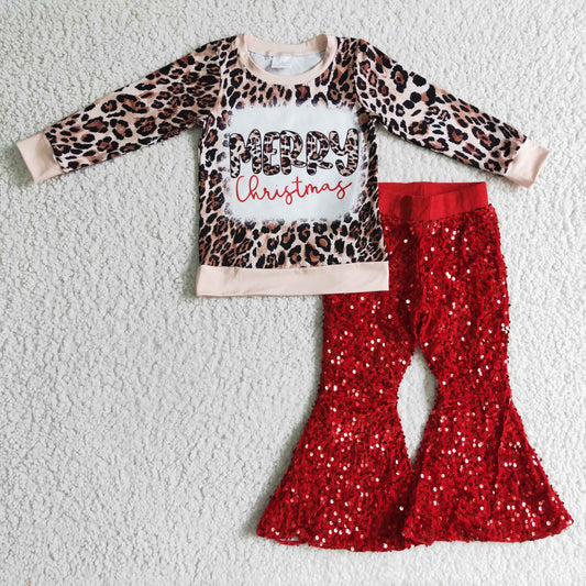 GLP0334 Merry Christmas Leopard Top Red Sequin Bell Pants Girls Christmas Clothes Set