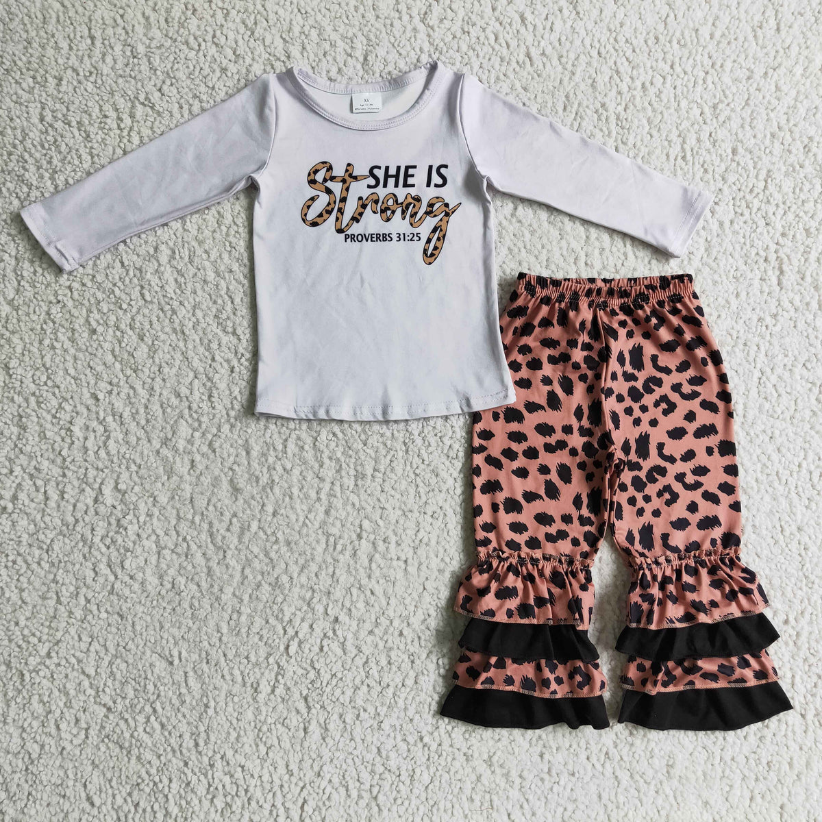 GLP0335 She is strong Top Leopard Ruffle Pants Girls Clothes Set