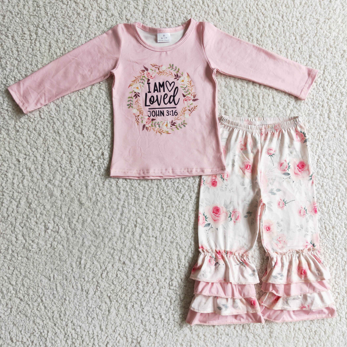 GLP0336 I AM LOVED JOHN 3:16 Pink Top Flowers Ruffle Pants Girls Clothes Set
