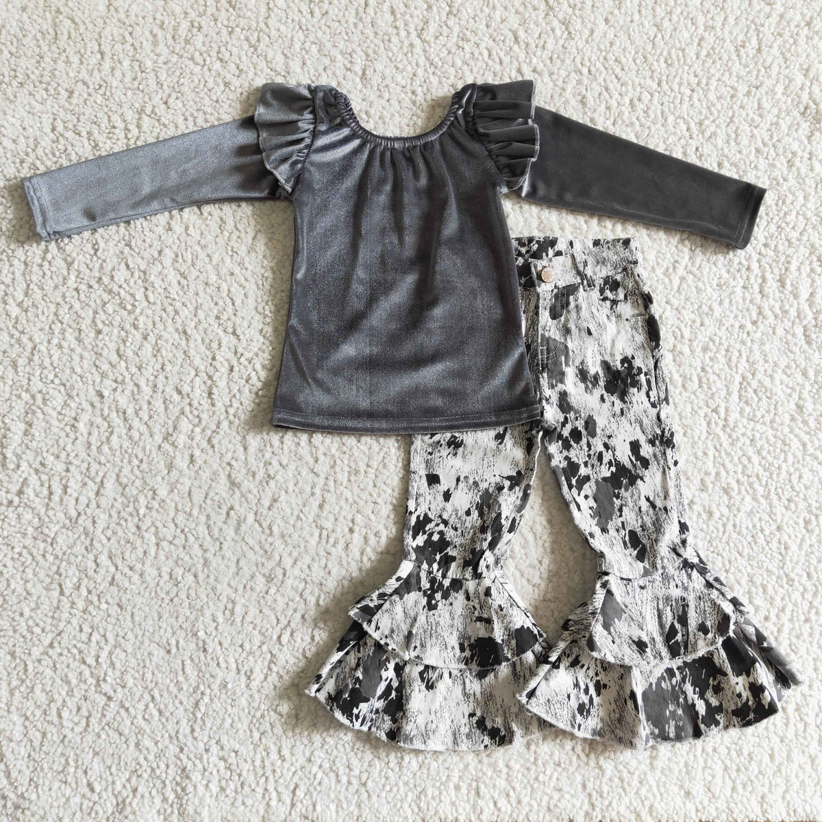 GLP0337 Grey Velvet Top Tie-dye Jeans Girls Clothes Set