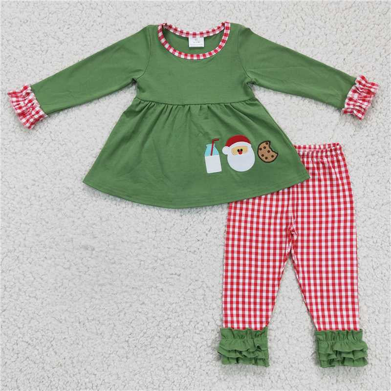 Cookies Santa Milk Embroidery Red Checkered Green Kids Christmas Matching Clothes Sibling Wear