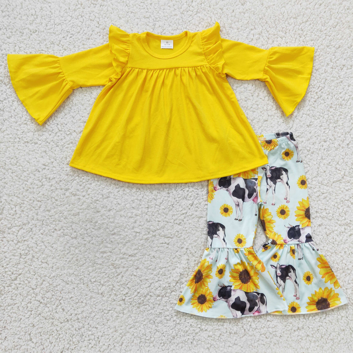 GLP0374 Yellow Top Cows Sunflowers Bell Pants Girls Clothes Set