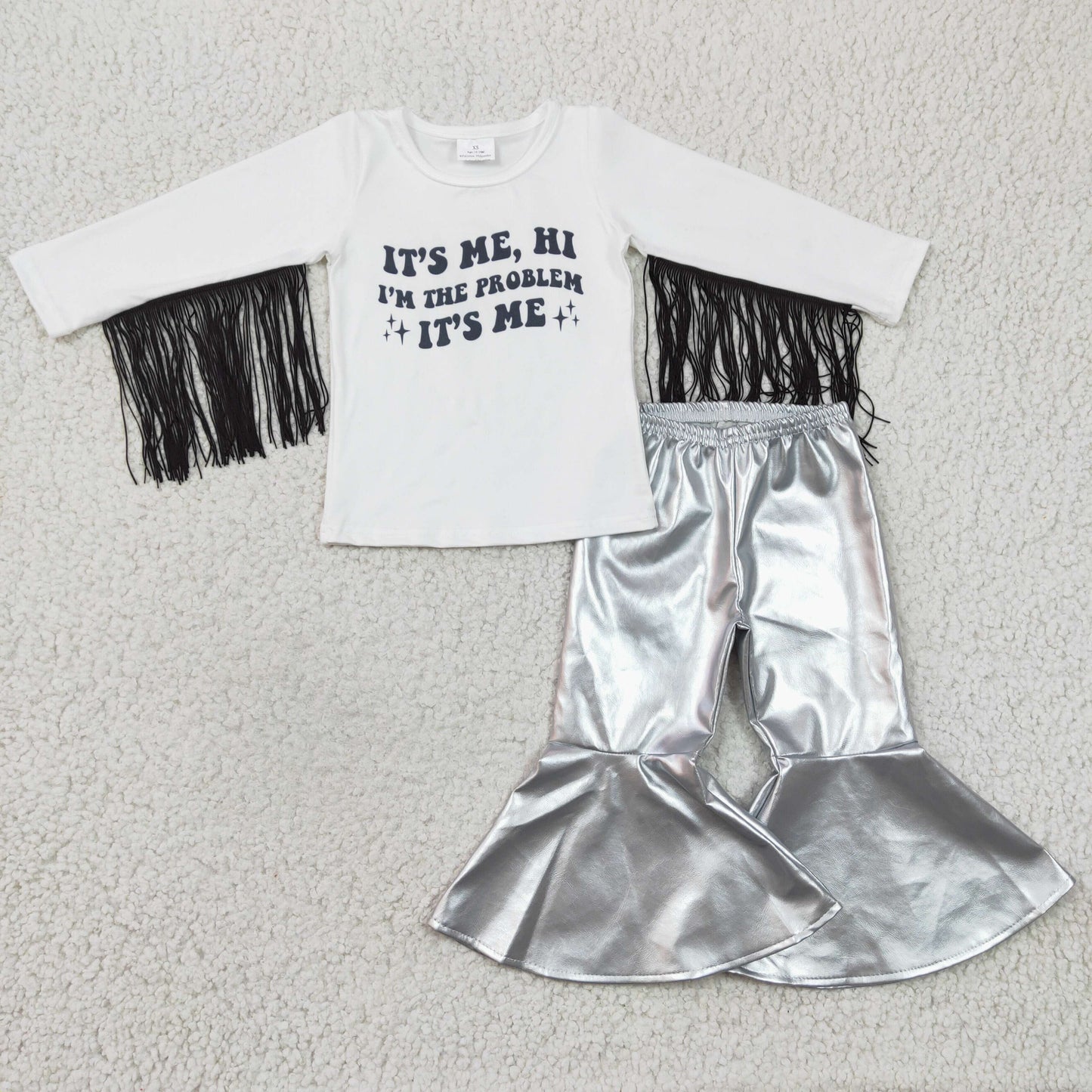 Girls It's me print tassels top leather bell bottom pants outfit GLP0394