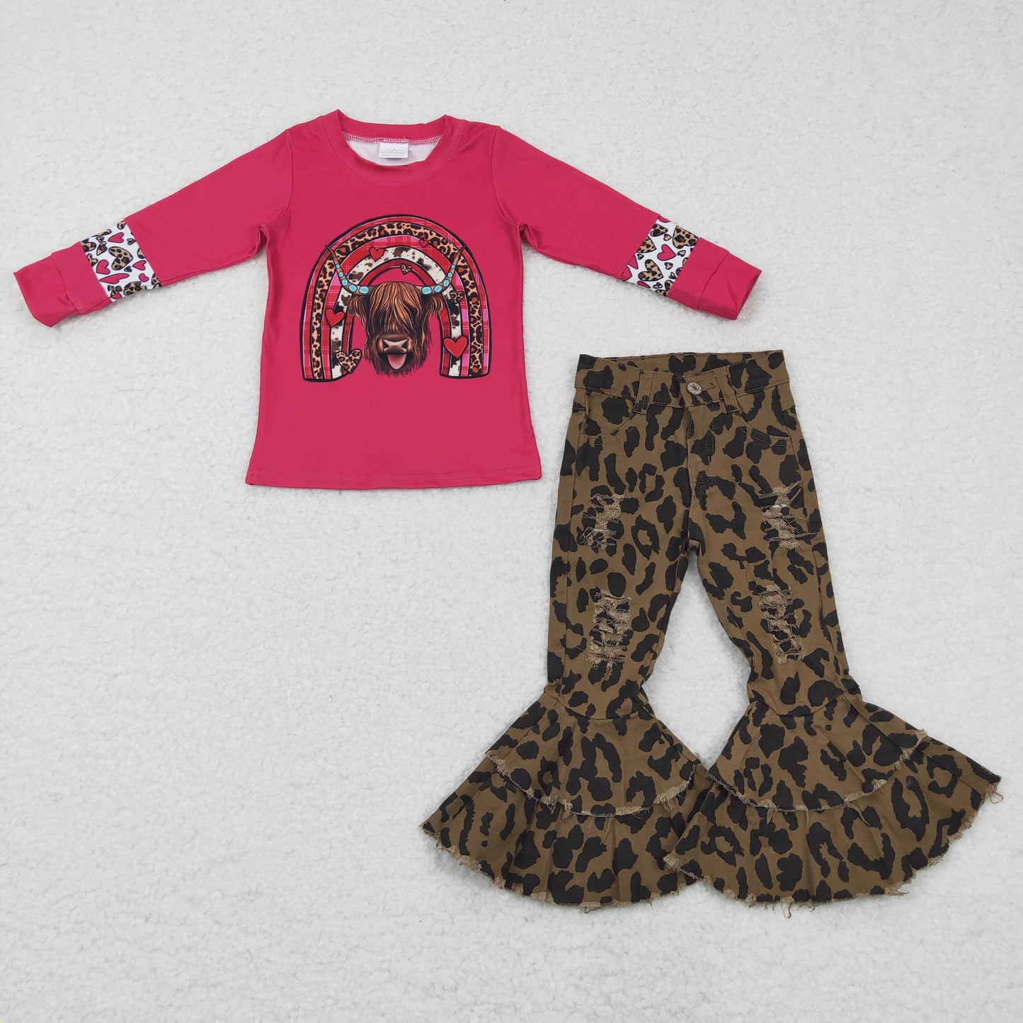 Baby girls Valentines Cow Western Leopard denim pants outfits GLP0400