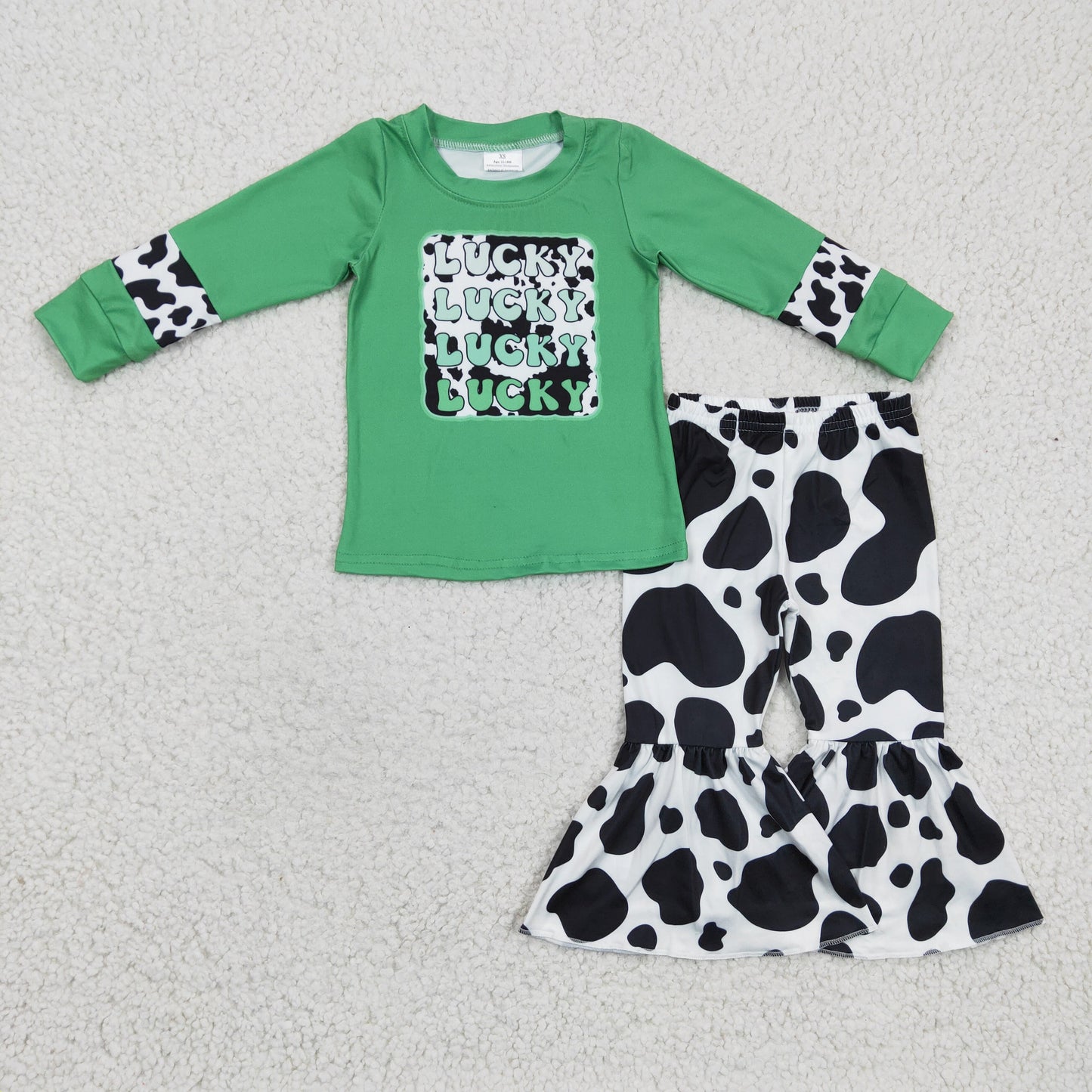 Girls green LUCKY print St. Patrick's Day top cow print bell bottom pants outfits GLP0411