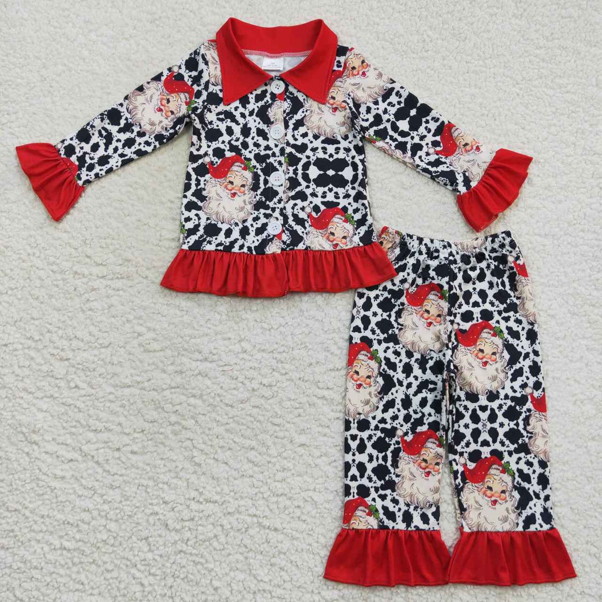 GLP0458 Cowhide Santa Holly Print Girls Christmas Buttons Pajamas Clothes Set