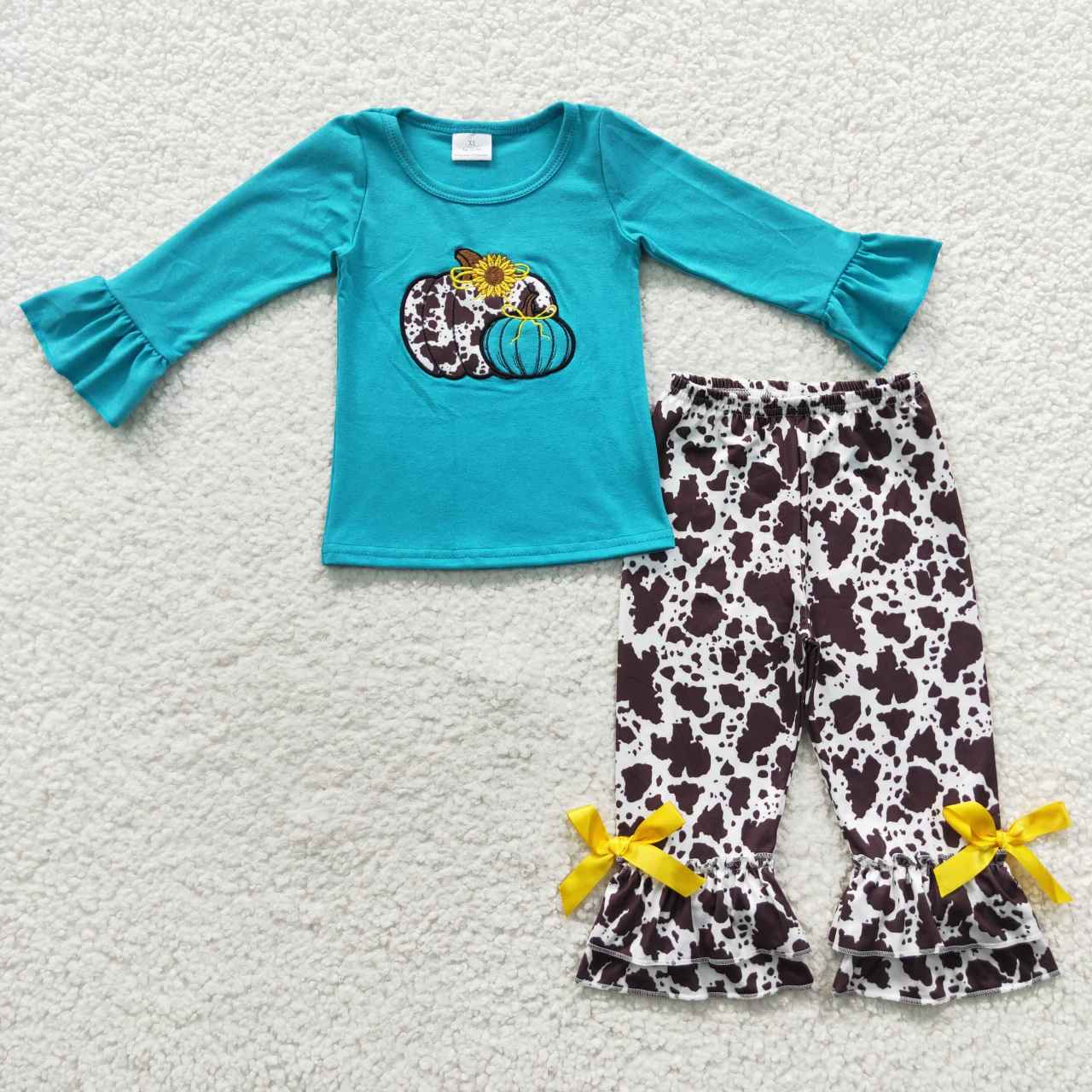 GLP0461 Pumpkin Embroidery Blue Top Cowhide Pants Girls Fall Clothes Set