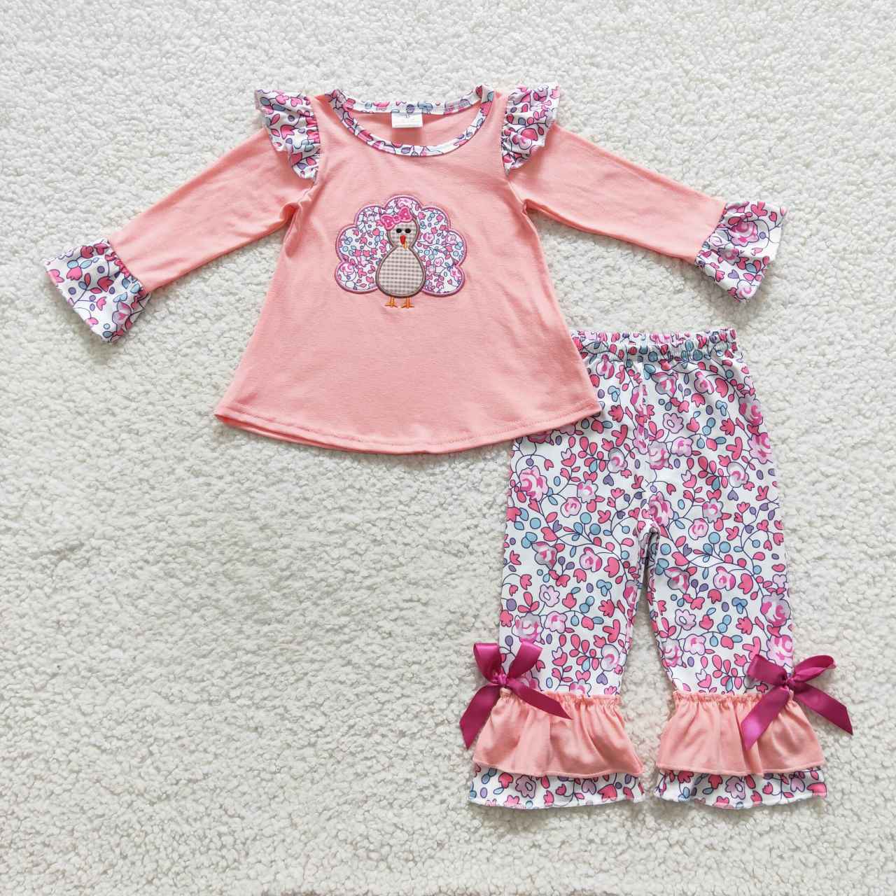 GLP0466 Turkey Embroidery Pink Top Flowers Pants Girls Thanksgiving Clothes Set