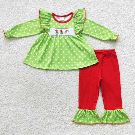 Sibling Baby Boys Girls Embroidery Green Faces Pants Christmas Clothes Sets Footie Rompers