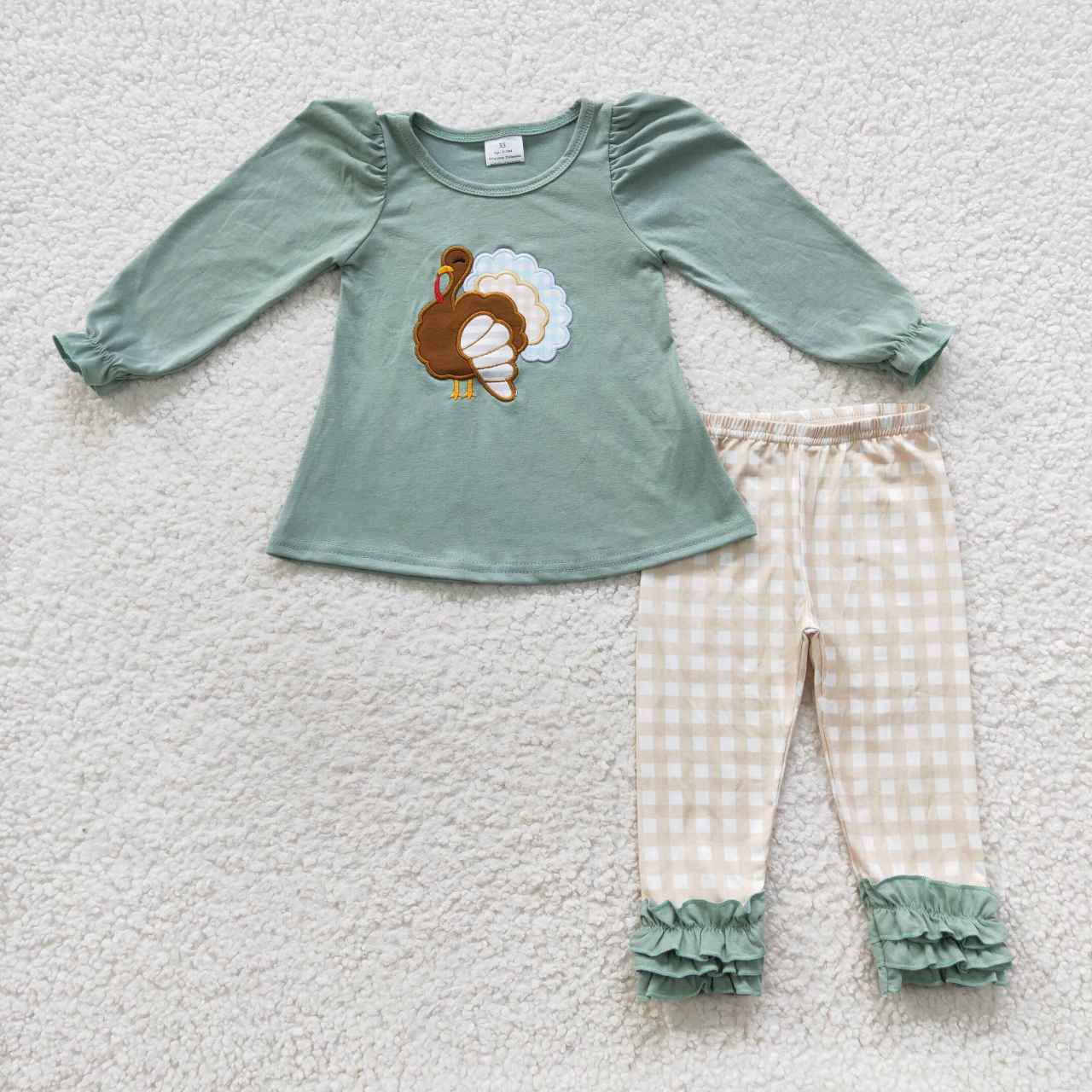 GLP0534 Turkey Embroidery Green Top Checkerd Pants Girls Thanksgiving Clothes Set