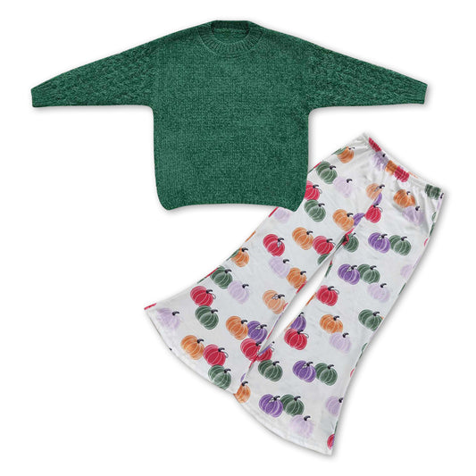 GLP0537 Green Sweater Pumpkin Bell Pants Girls Fall Clothes Sets