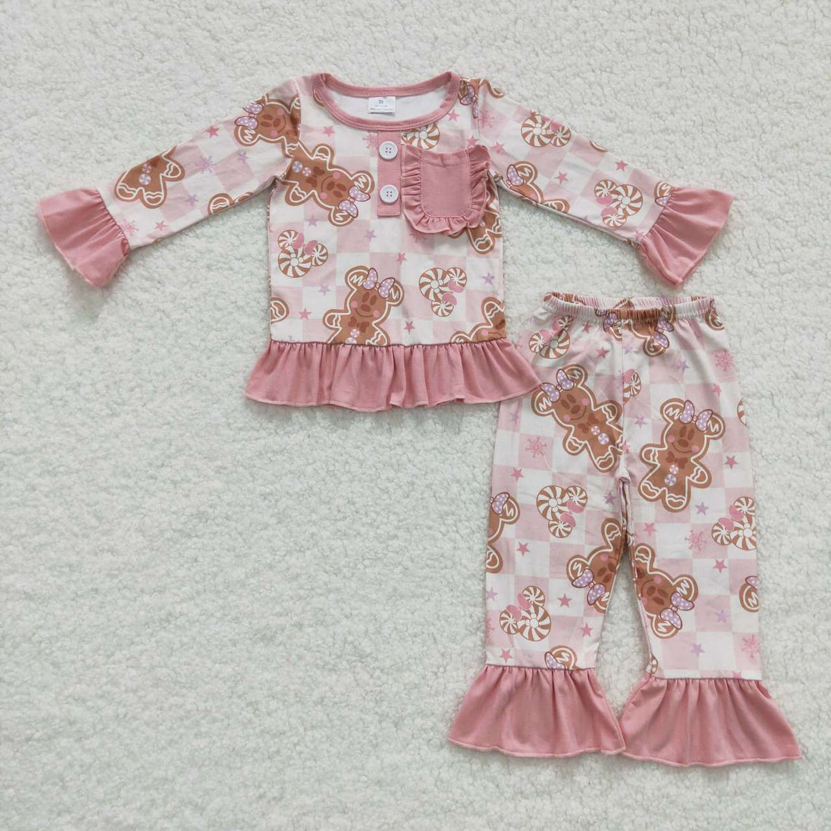 GLP0453 Gingerbread Pink Print Girls Christmas Pajamas Clothes Set
