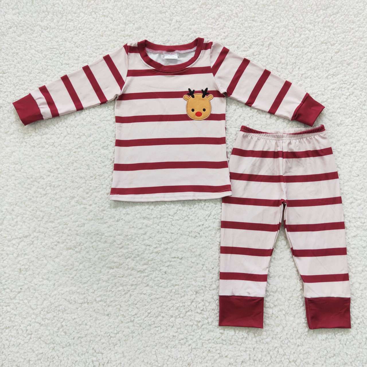 GLP0549 Deer Embroidery Stripes Girls Christmas Pajamas Clothes Set