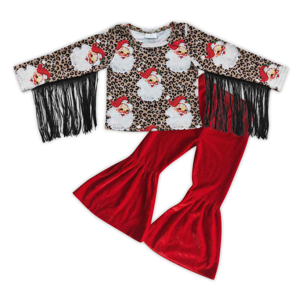 GLP0594 Santa Leopard Tassel Top Red Velvet Bell Pants Girls Christmas Clothes Set
