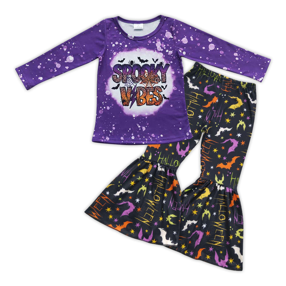 GLP0606 Spooky Vibes Purple Top Bat Bell Pants Girls Halloween Clothes Set