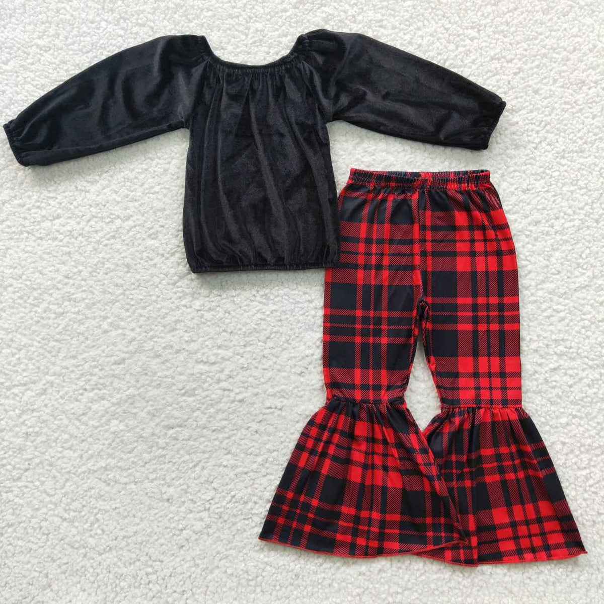 GLP0630 Black Velvet Top Red Checkered Bell Pants Girls Christmas Clothes Set
