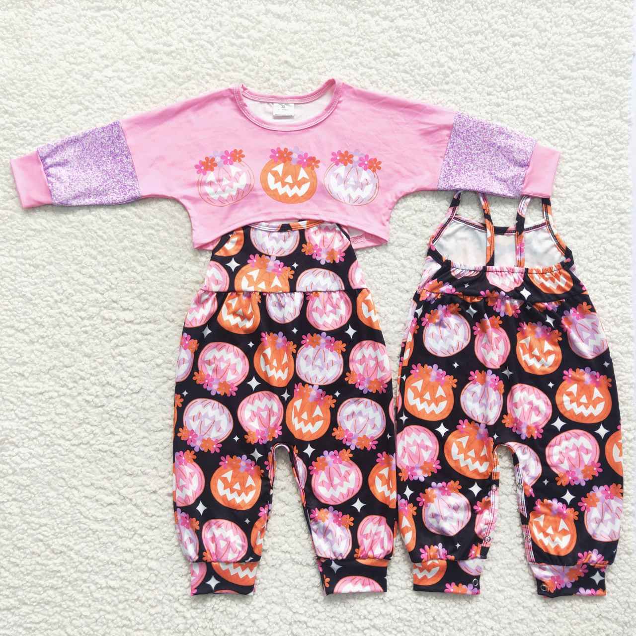 GLP0686 Pumpkin Flowers Top Jumpsuits Girls Halloween Clothes Set