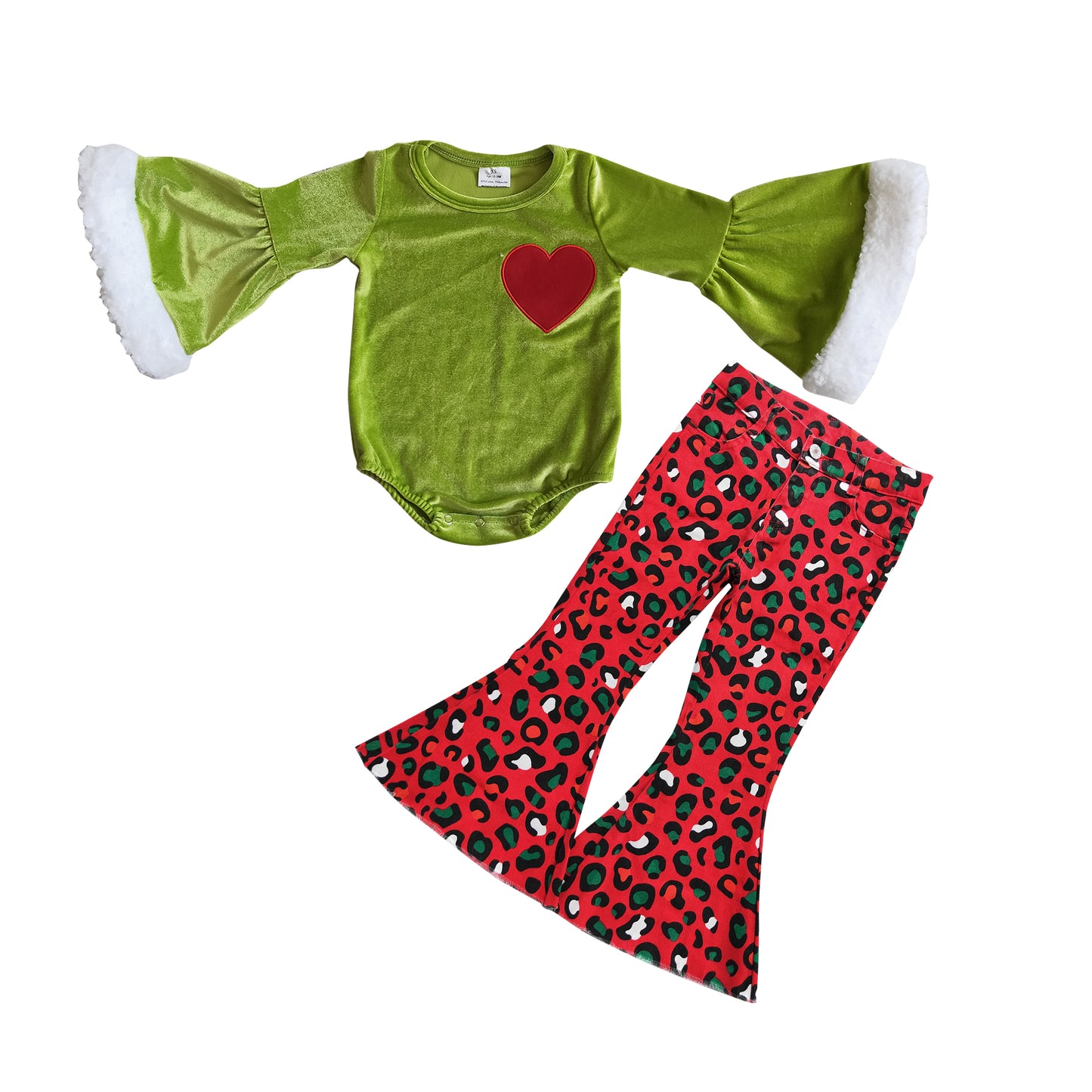 GLP0767 Heart Embroidery Velvet Romper Leopard Jeans Girls Christmas Clothes Set