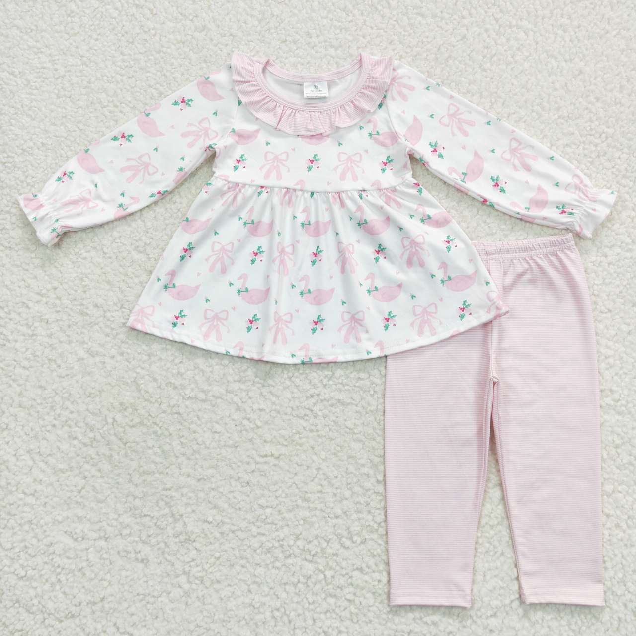 GLP0882 Goose Holly Bows Tunic Top Pink Stripes Legging Pants Girls Christmas Clothes Set