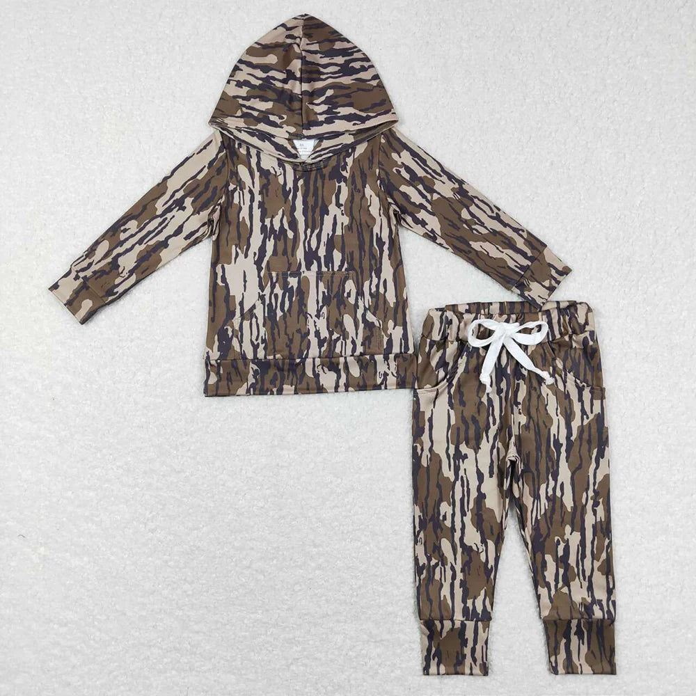 USA Shop Baby Girls Boys Brown Camo Long Sleeve Hooded Shirts Hunting Pants Clothes Sets