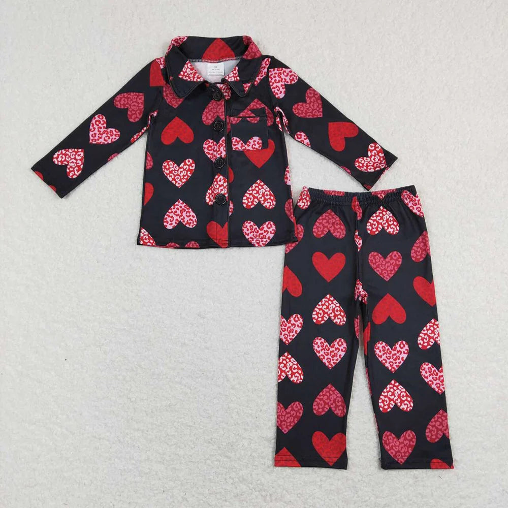 Sibling Girls Valentine Bow Heart Long Sleeve Pajama Set
