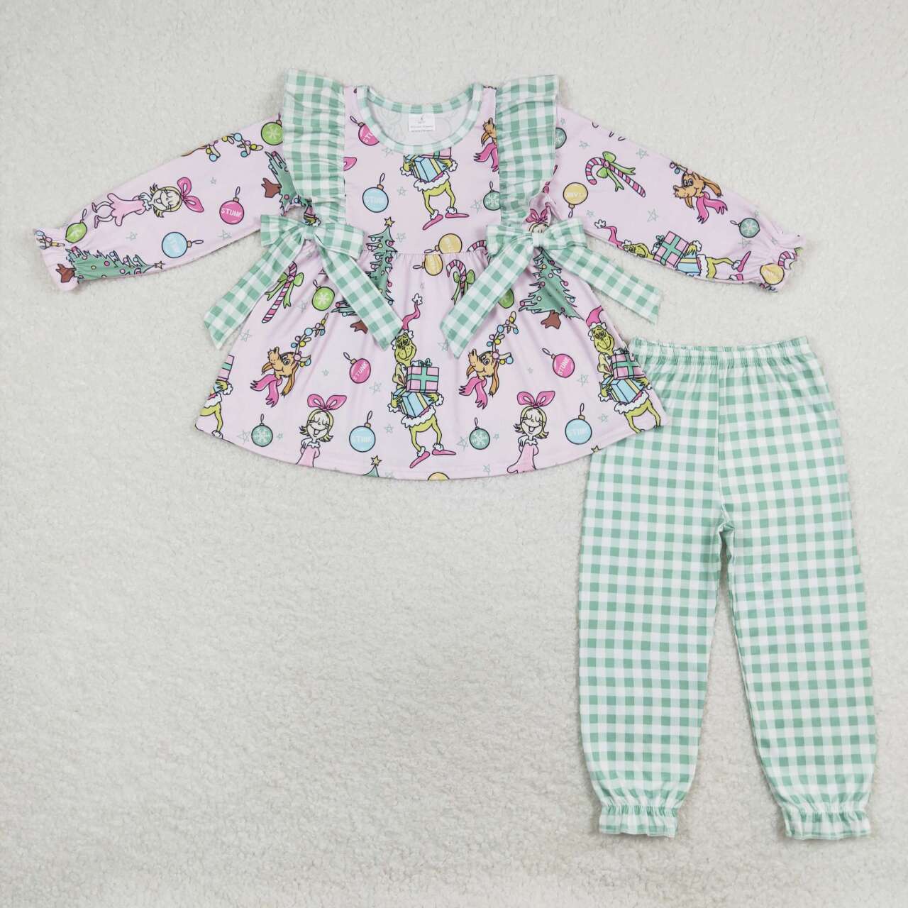 GLP1189 Green Frog Tunic Top Checkered Pants Girls Christmas Clothes Set