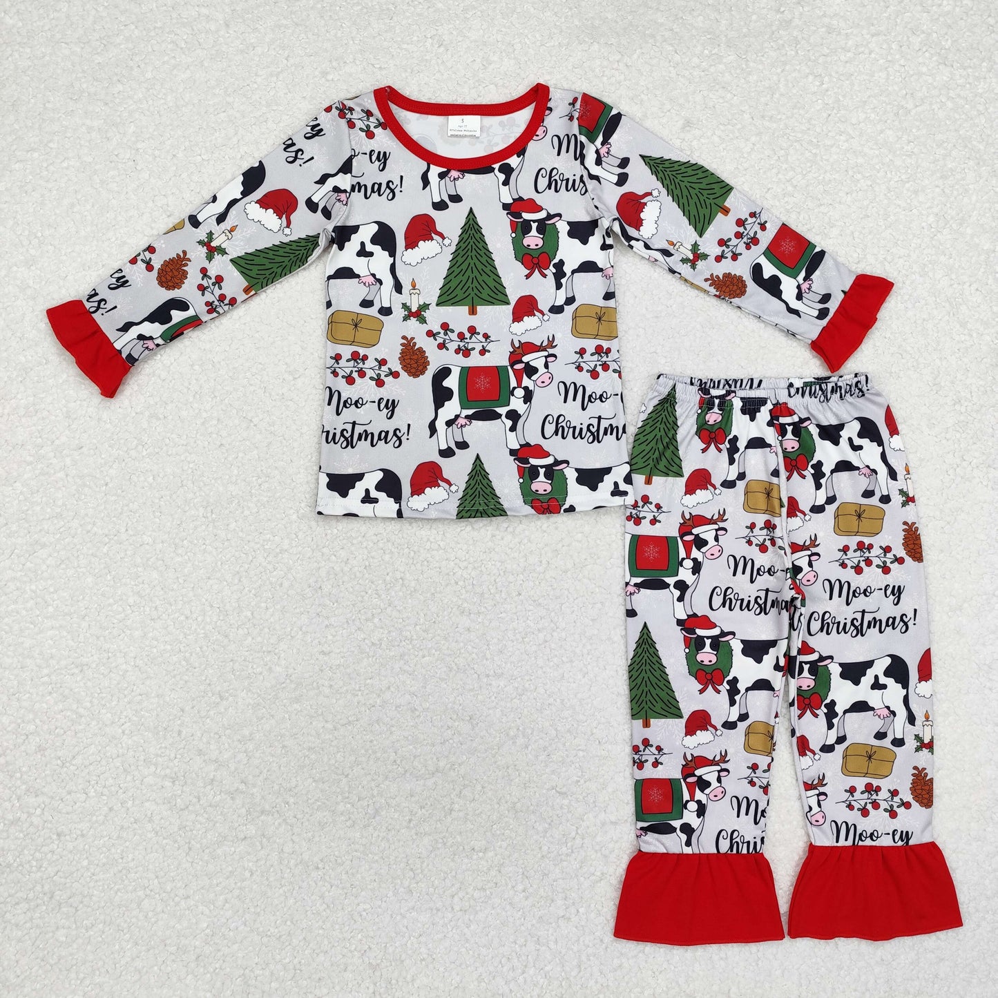 GLP1243 Cows Tree Holly Print Girls Christmas Pajamas Clothes Set