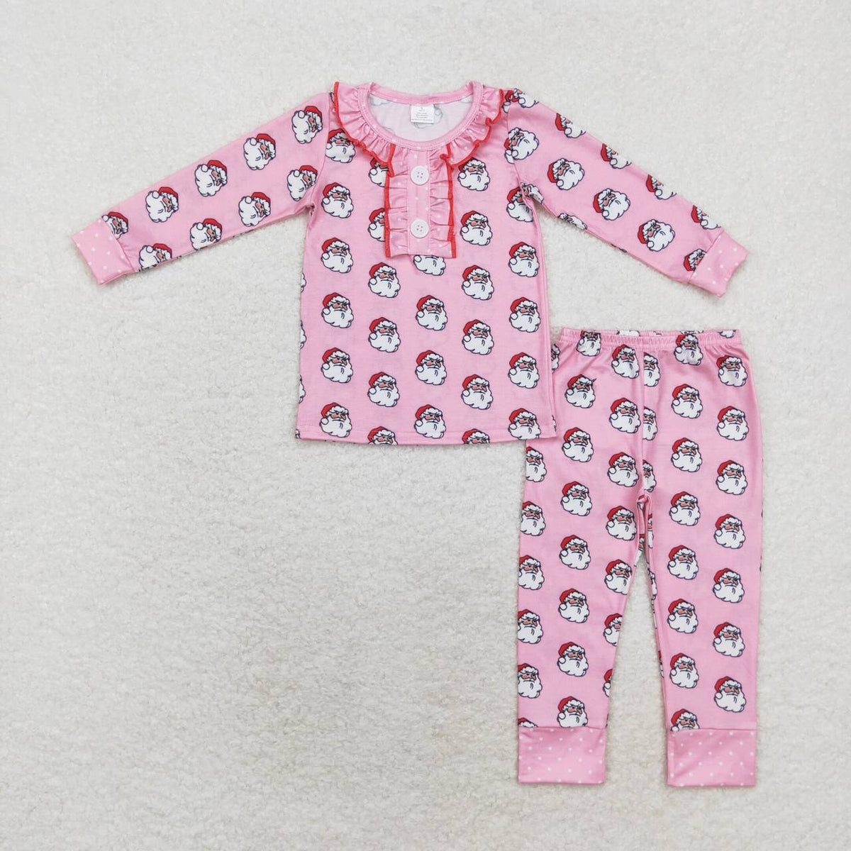 GLP1269 Santa Pink Print Ruffle Pocket Girls Christmas Bamboo Pajamas Clothes Set