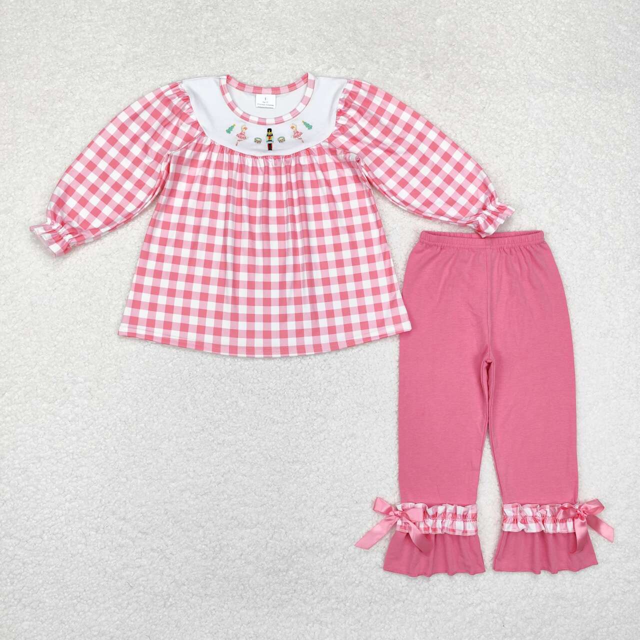 GLP1306 Nutcracke* Soldier Embroidery Checkered Top Pink Pants Girls Christmas Clothes Sets