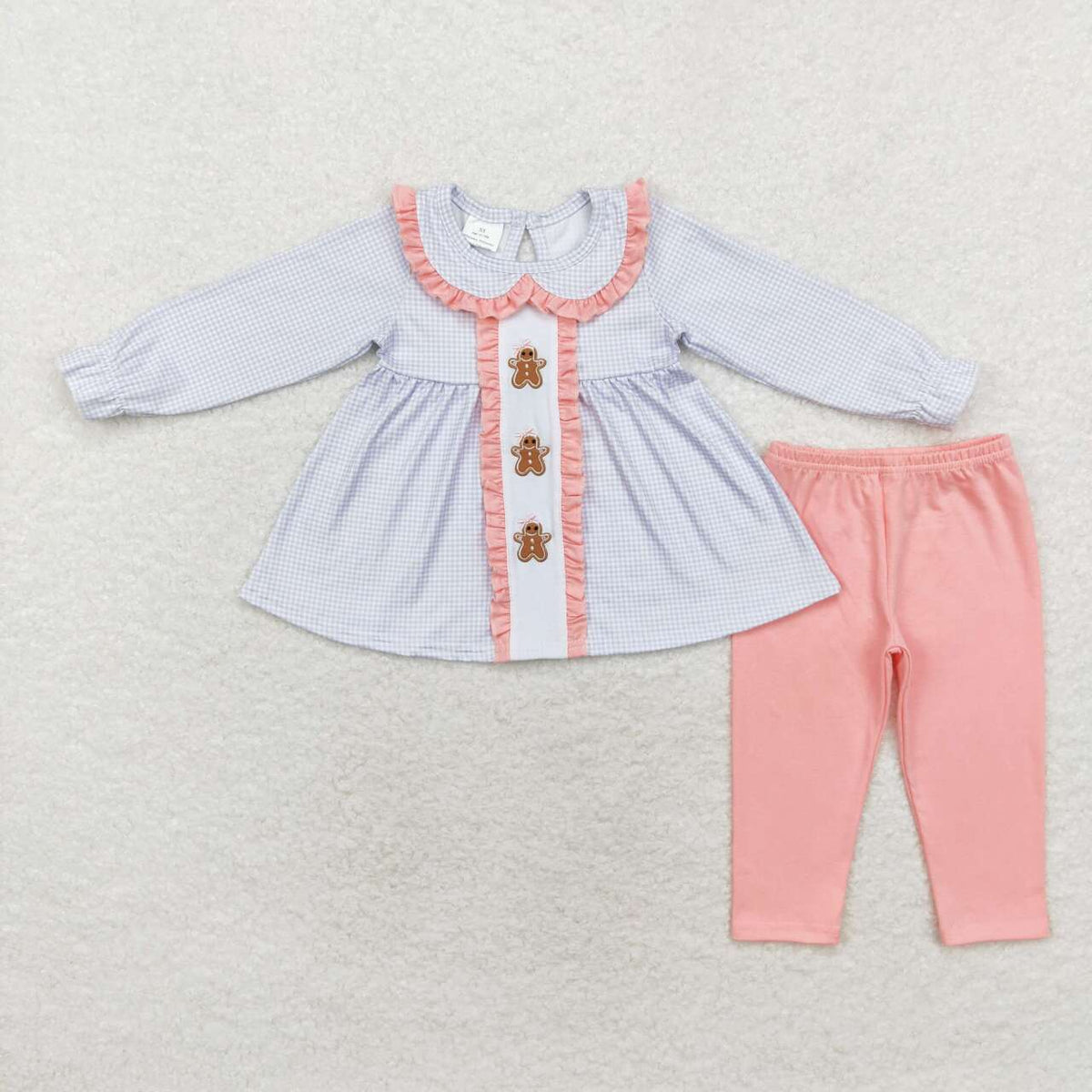 GLP1330 Gingerbread Embroidery Checkered Tunic Top Pink Pants Girls Christmas Clothes Sets