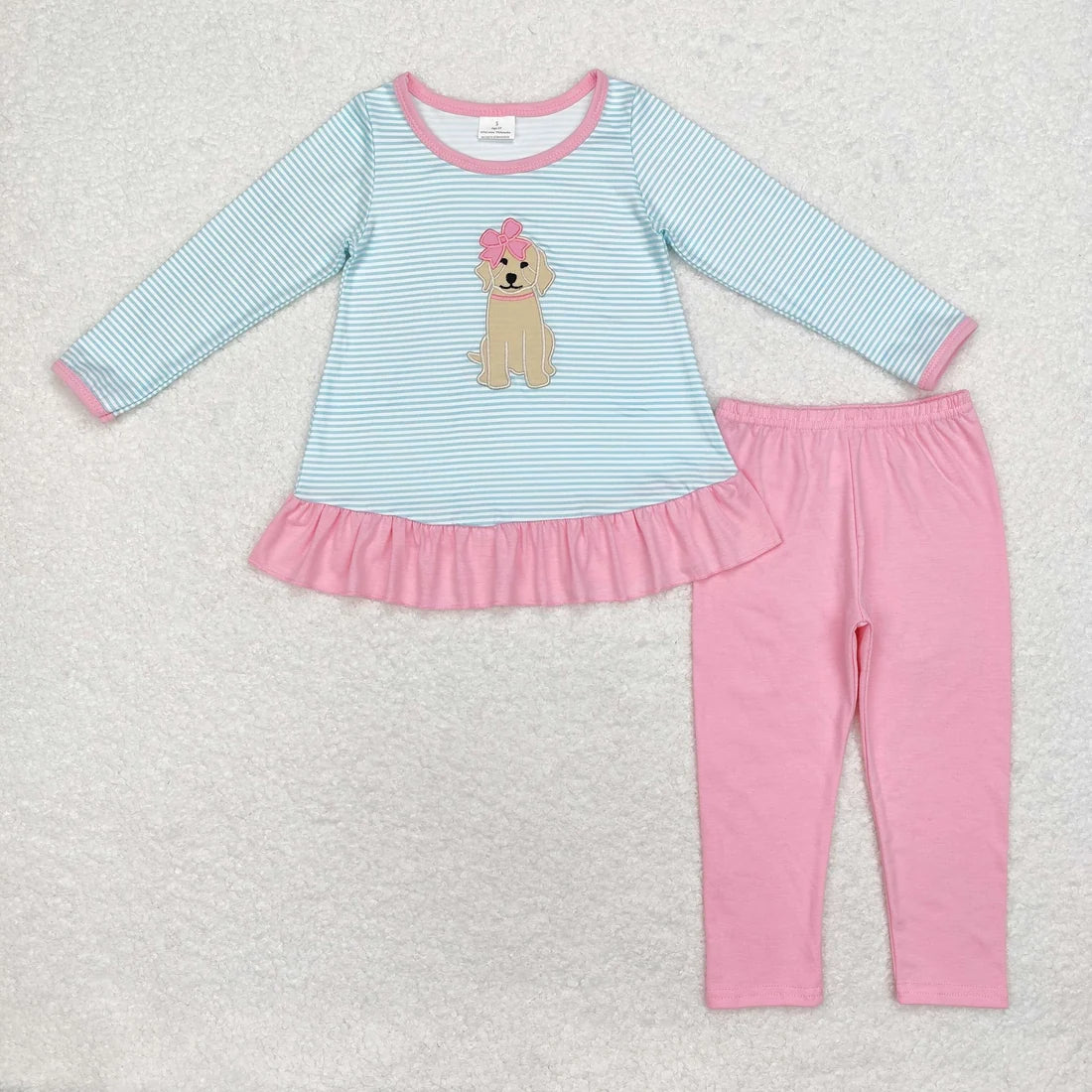 Sibling Baby Girls Embrodiery Bows Dog Striped Tunic Top Leggings Pants Valentines Outfit