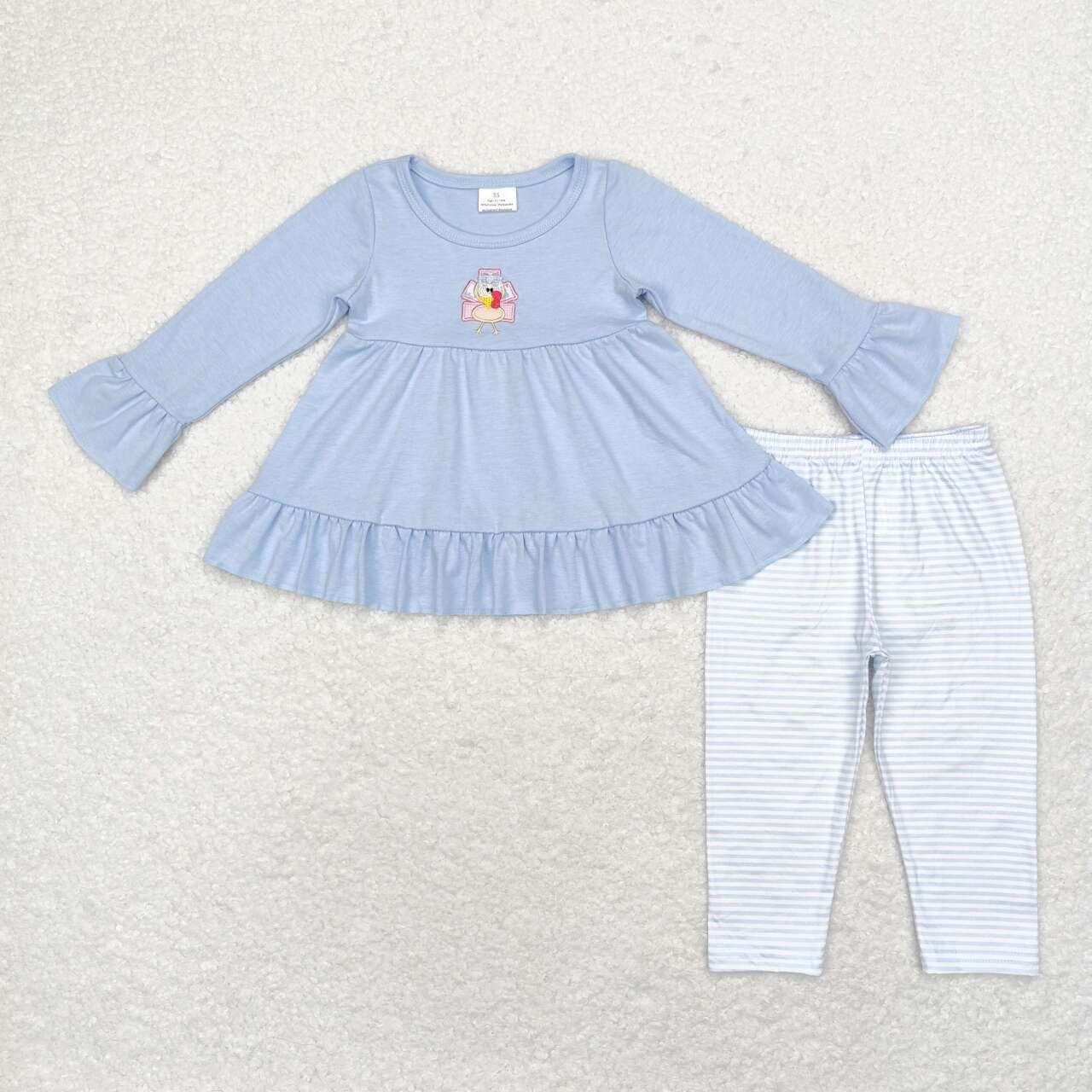 GLP1384 Turkey Embroidery Blue Tunic Top Stripes Pants Girls Thanksgiving Clothes Set