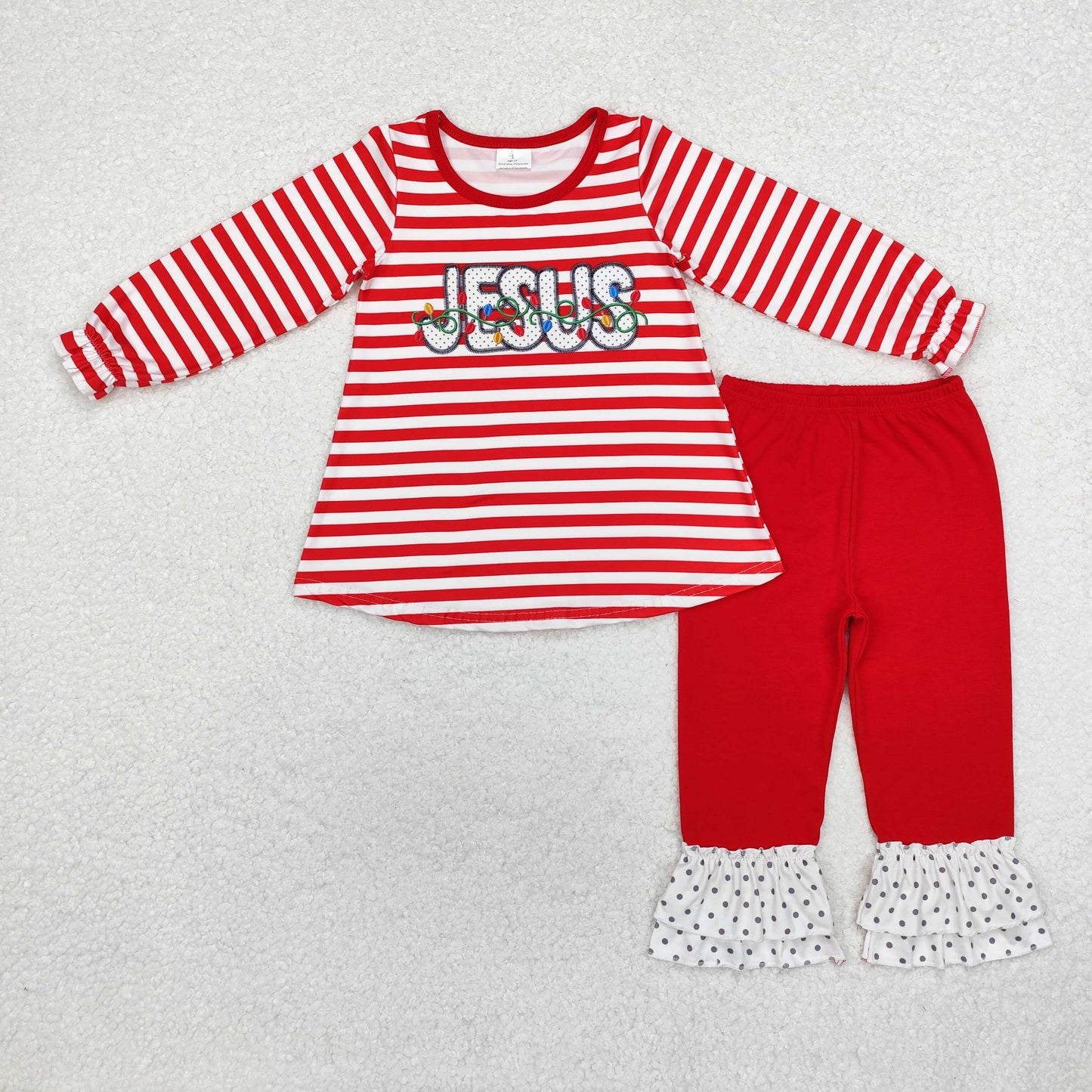GLP1392 JESUS Stripes Top Ruffle Pants Girls Christmas Clothes Set