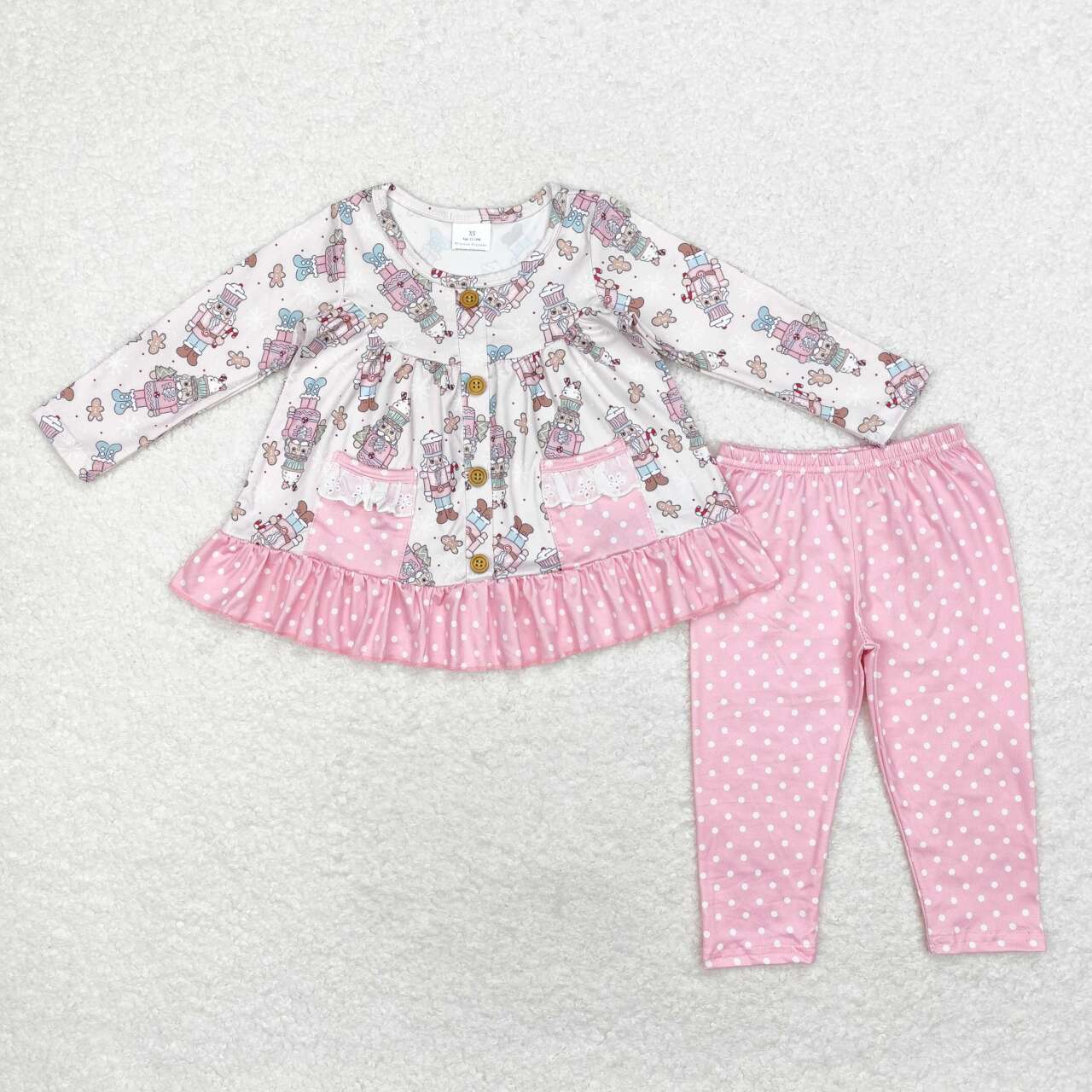 GLP1471 Nutcracke* Soldier Pockets Tunic Top Pink Dots Pants Girls Christmas Clothes Set
