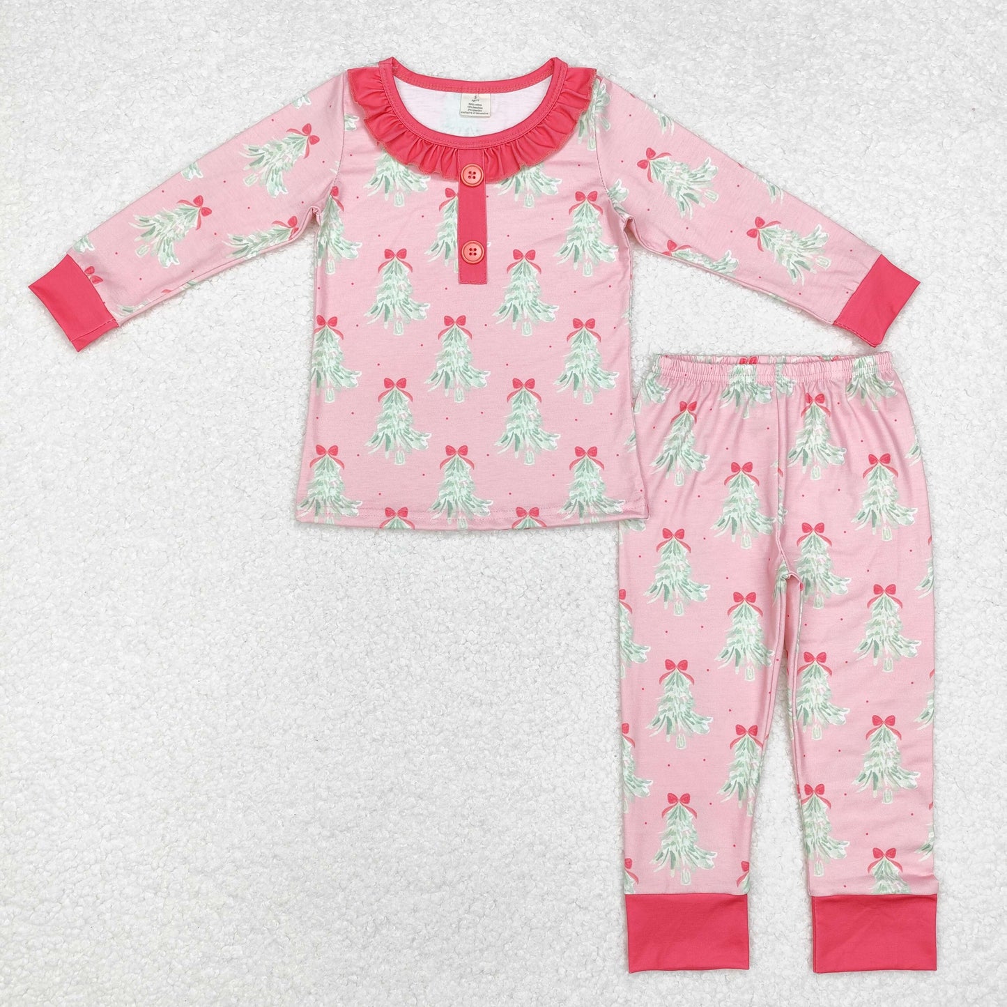 GLP1610 Tree Bows Pink Print Girls Christmas Bamboo Pajamas Clothes Set
