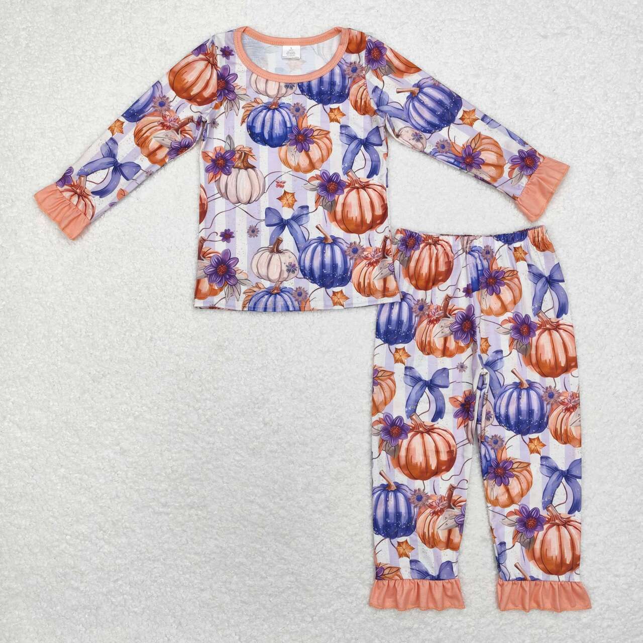 GLP1619 Pumpkin Bows Long Sleeve Pants Girls Fall Pajamas Clothes Set
