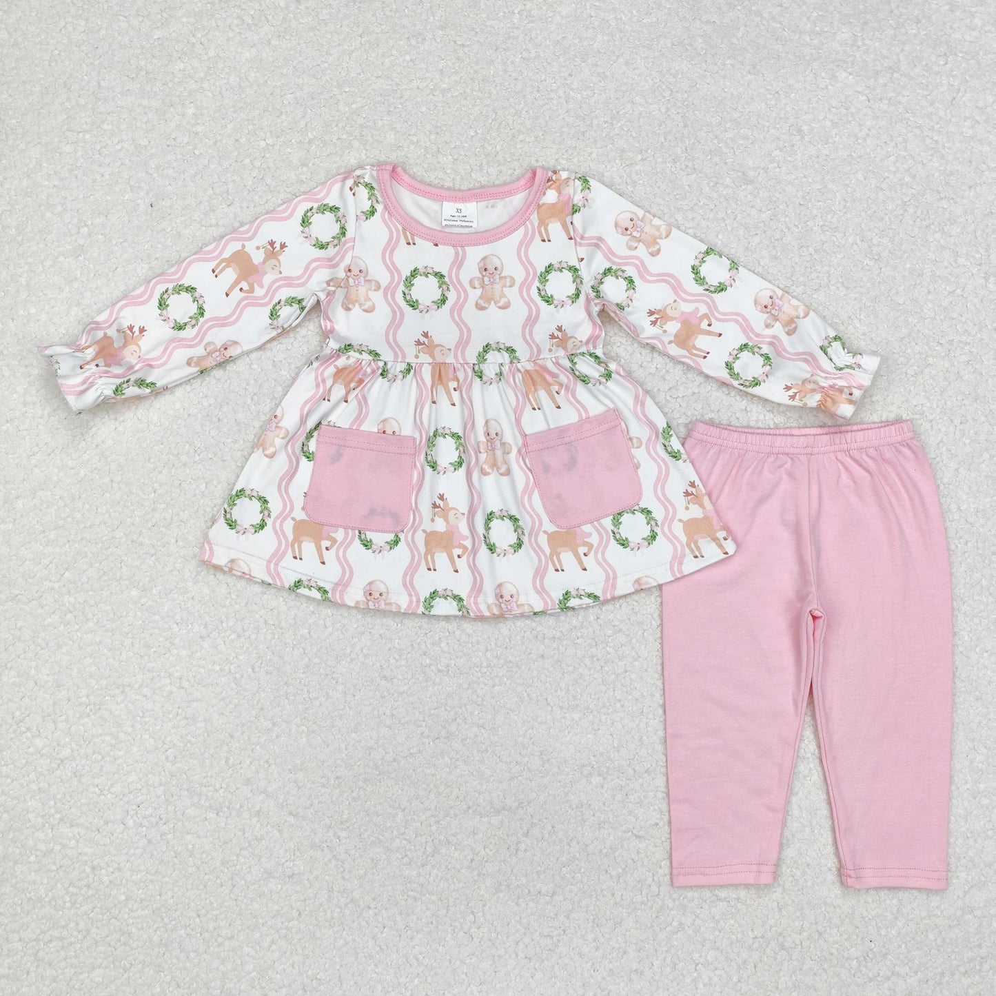 GLP1629 Gingerbread Deer Pockets Tunic Top Pink Pants Girls Christmas Clothes Set
