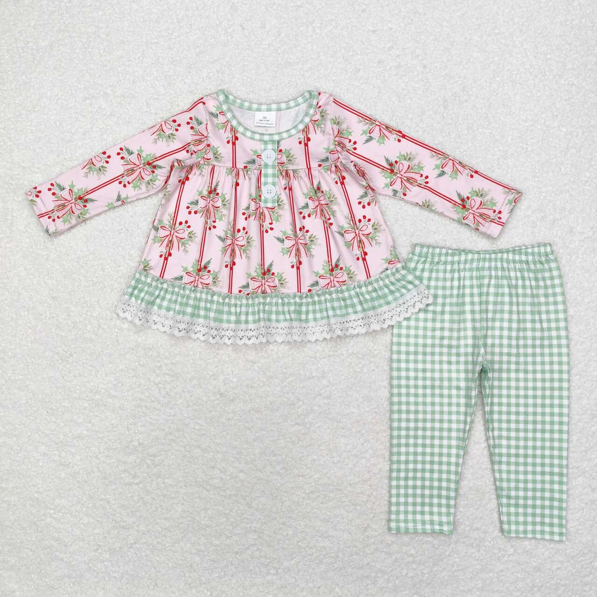 GLP1663 Holly Bows Ruffle Tunic Top Checkered Pants Girls Christmas Clothes Set