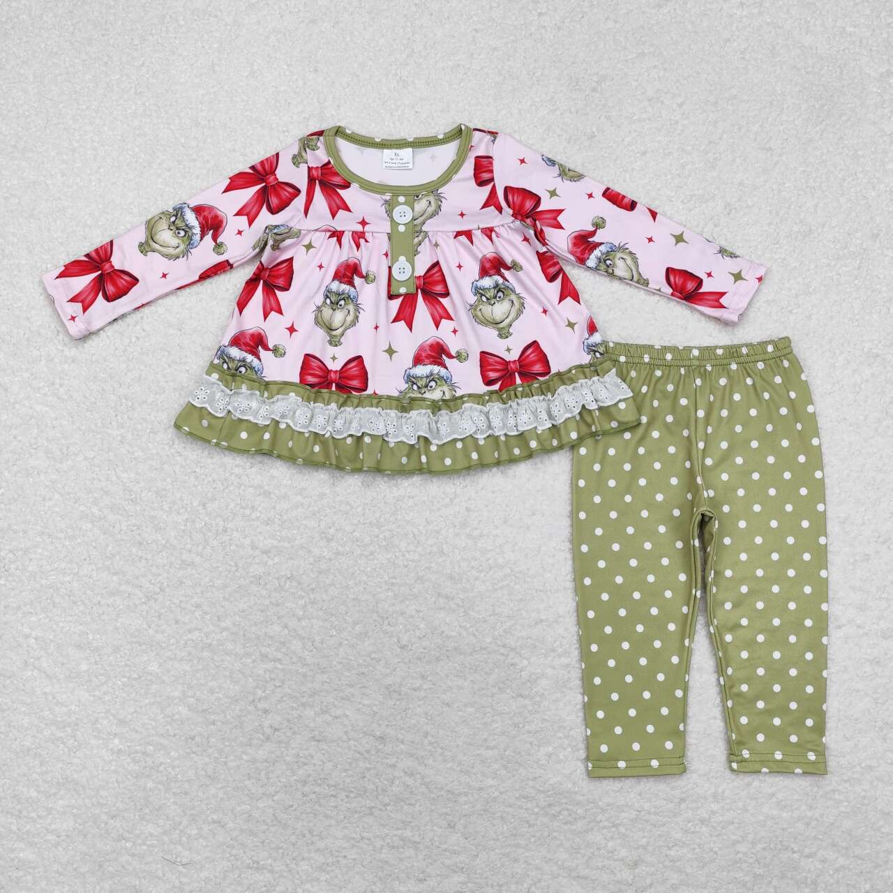 GLP1671 Green Frog Bows Ruffle Tunic Top Dots Pants Girls Christmas Clothes Set