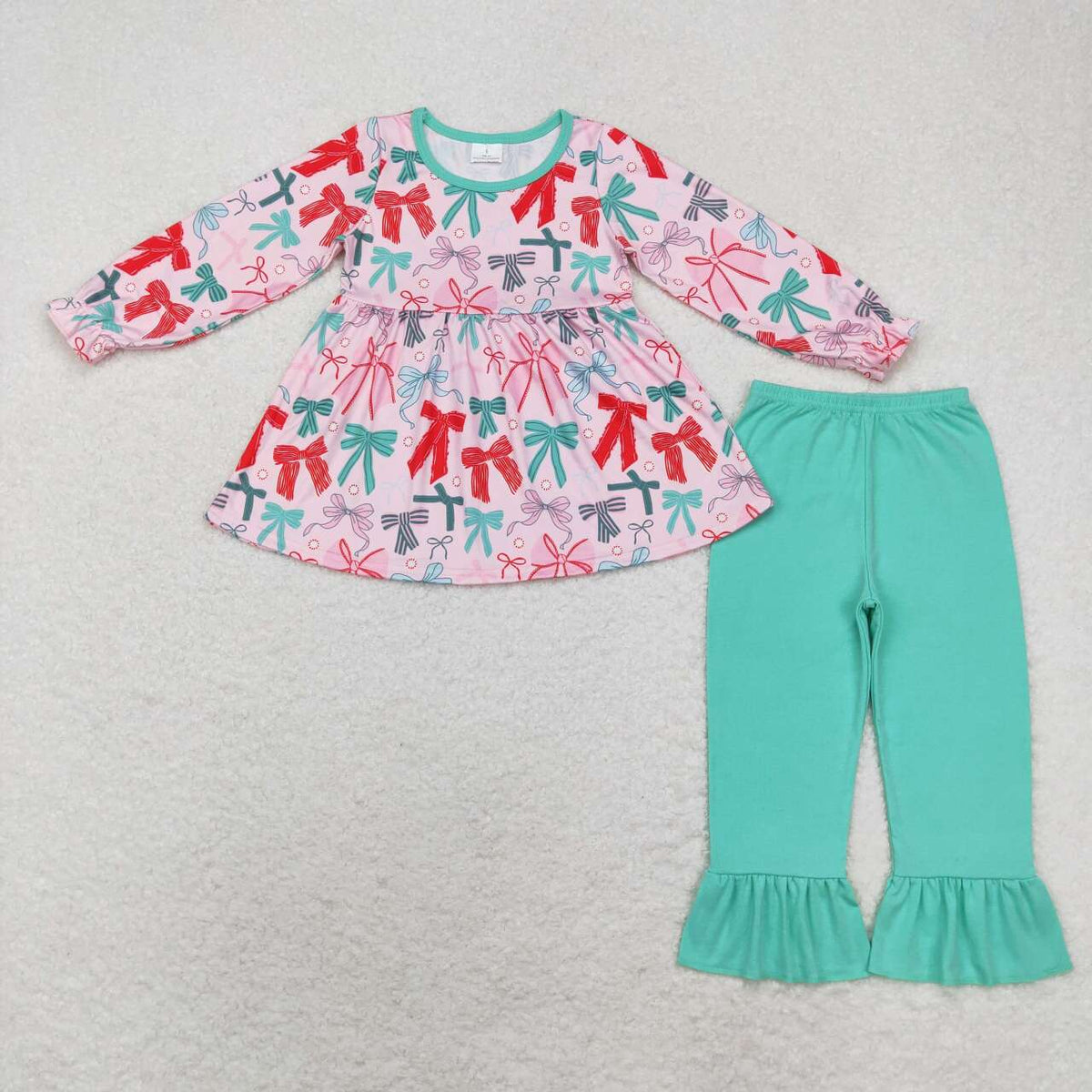 GLP1716 Green Red Bows Tunic Top Ruffle Pants Girls Christmas Clothes Set
