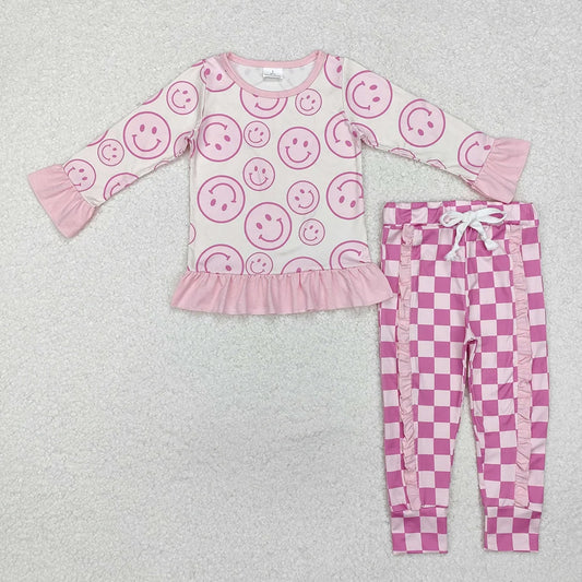 Sibling Baby Girls Smile Face Long Sleeve Top with Checkec Pants Outfit