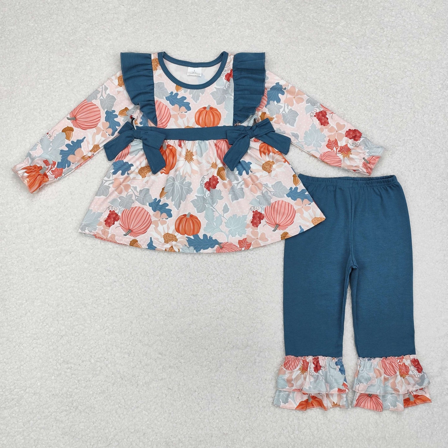 GLP1728 Pumpkin Leaf Tunic Top Ruffle Pants Girls Fall Clothes Set