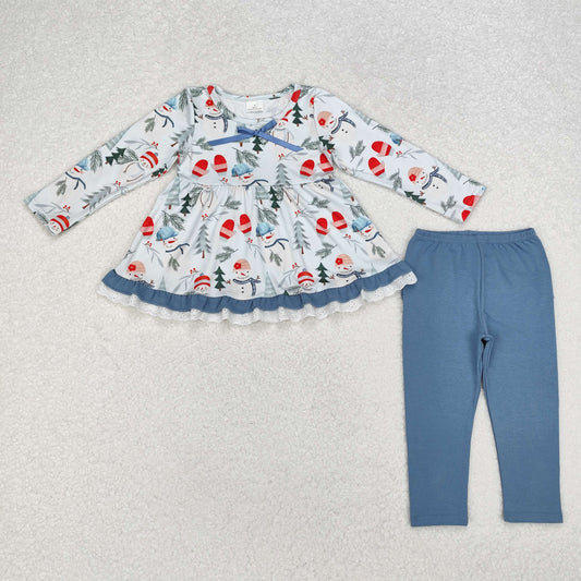 GLP1778 Snowman Holly Ruffle Tunic Top Pockets Blue Pants Girls Christmas Clothes Set