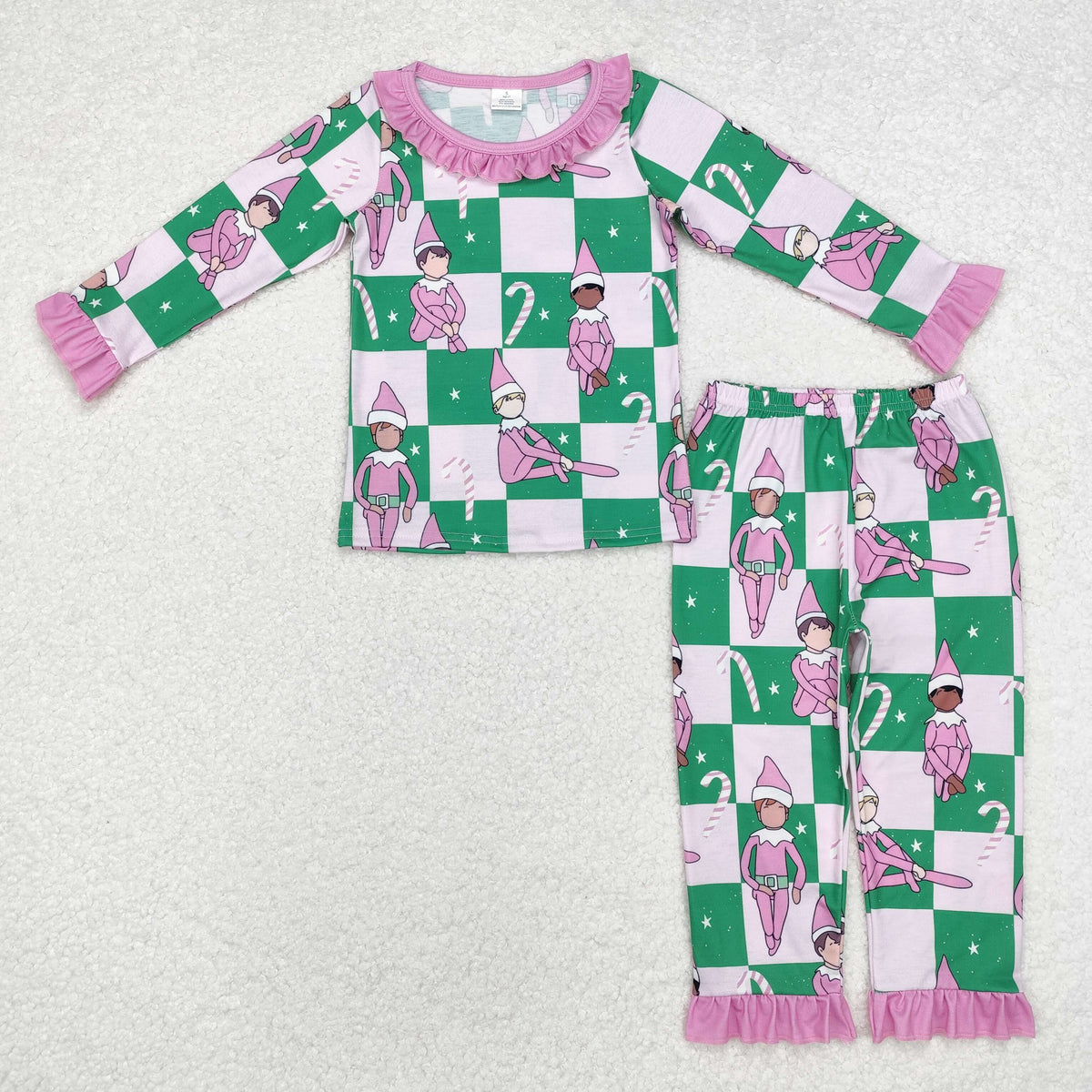 GLP1843 Cartoon Shelf Checkered Print Girls Christmas Bamboo Pajamas Clothes Set
