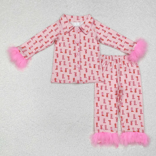 Sibling Girls Bow Boots Heart Print Buttons Top Pants Pajama Set with Fur