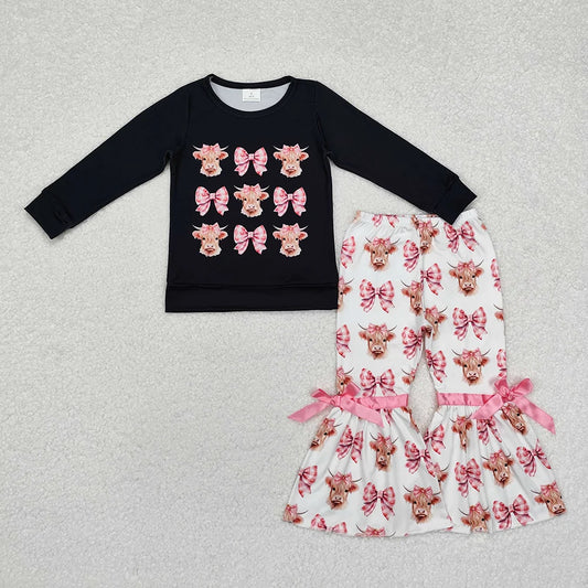 Sibling Baby Girls Highland Cow Bow Bell Bottom Pants Outfit Romper