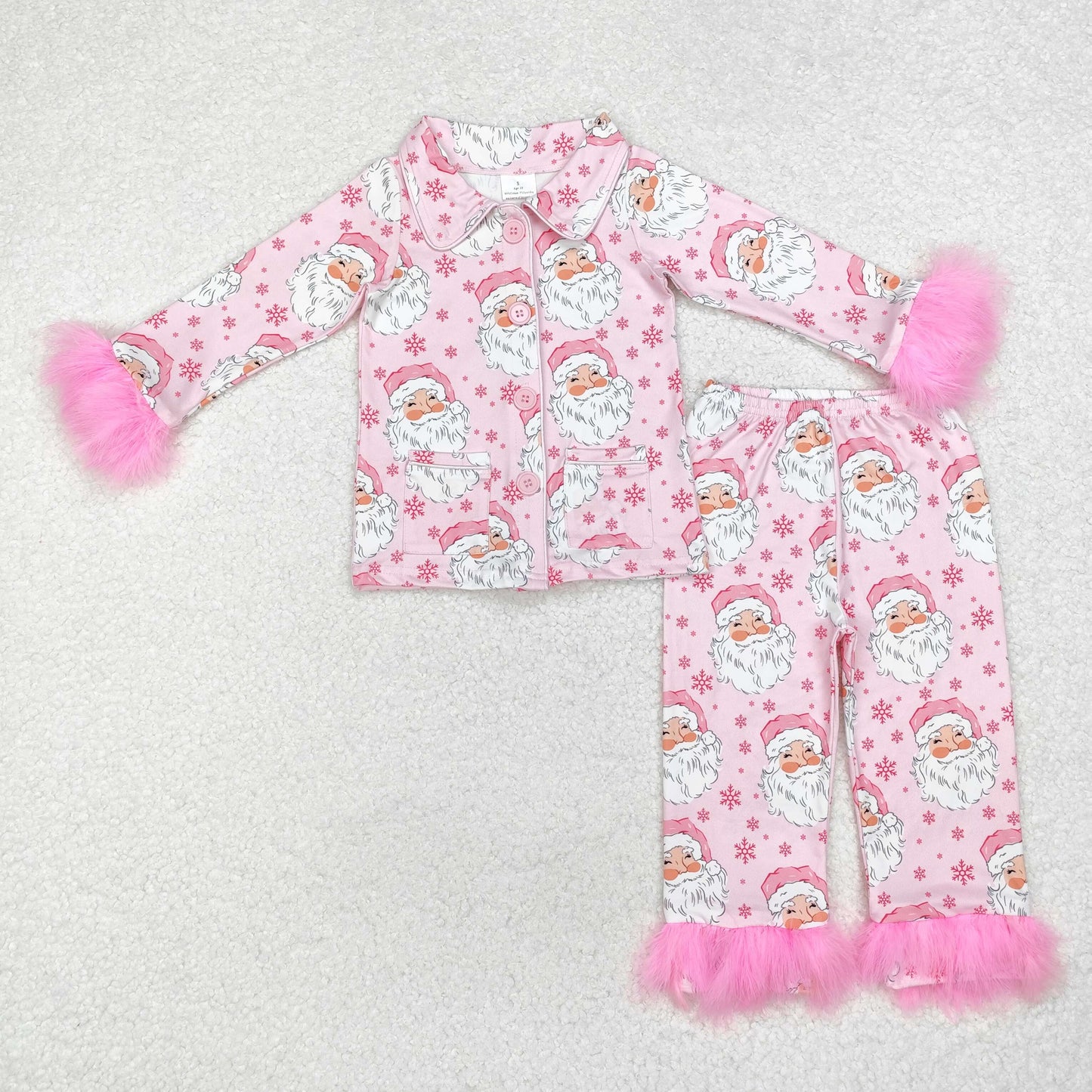 GLP1900 Santa Pink Print Girls Christmas Buttons Fur Pajamas Clothes Set
