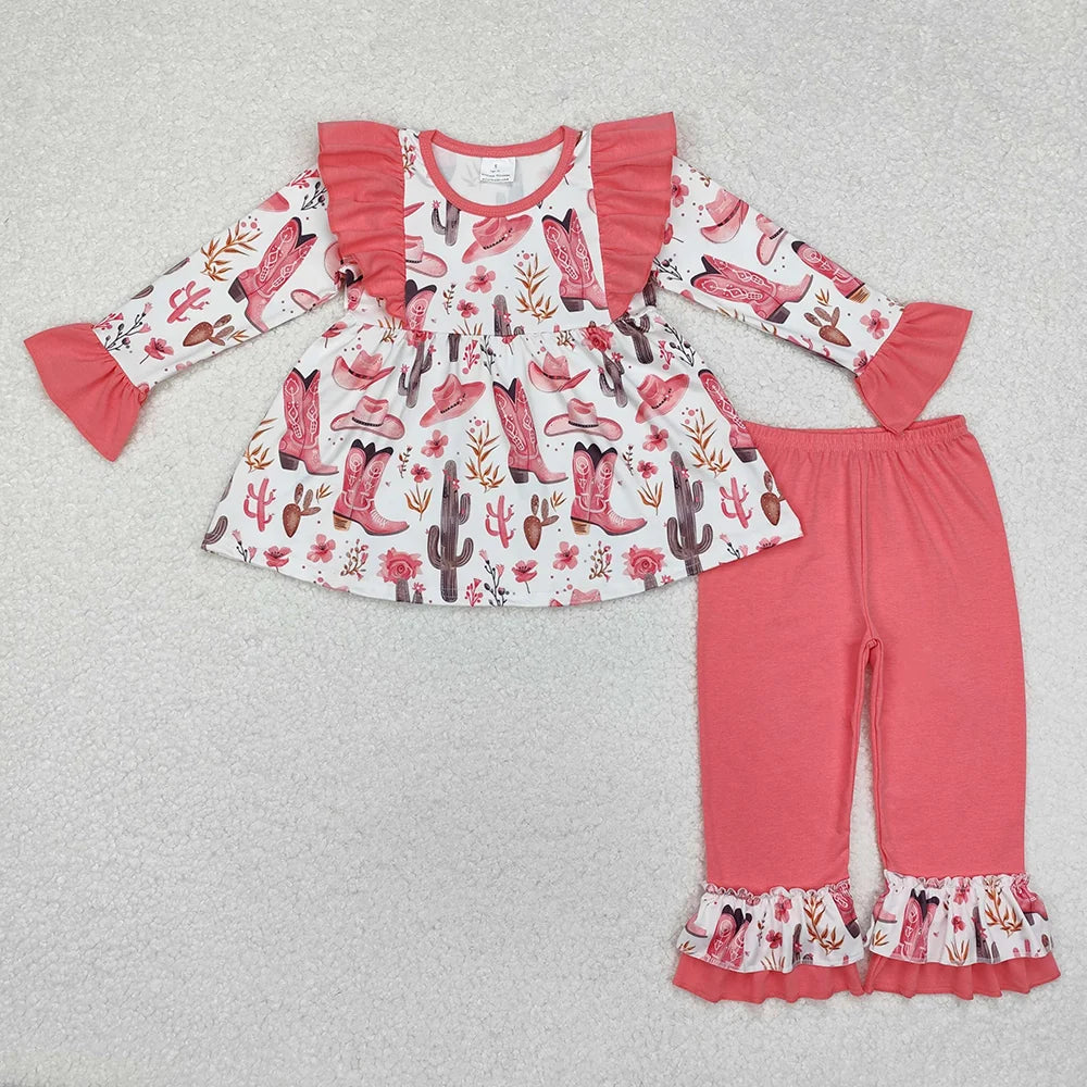 Baby Girls Western Boots Cactus Tunic Top with Ruffle Pants Outfit