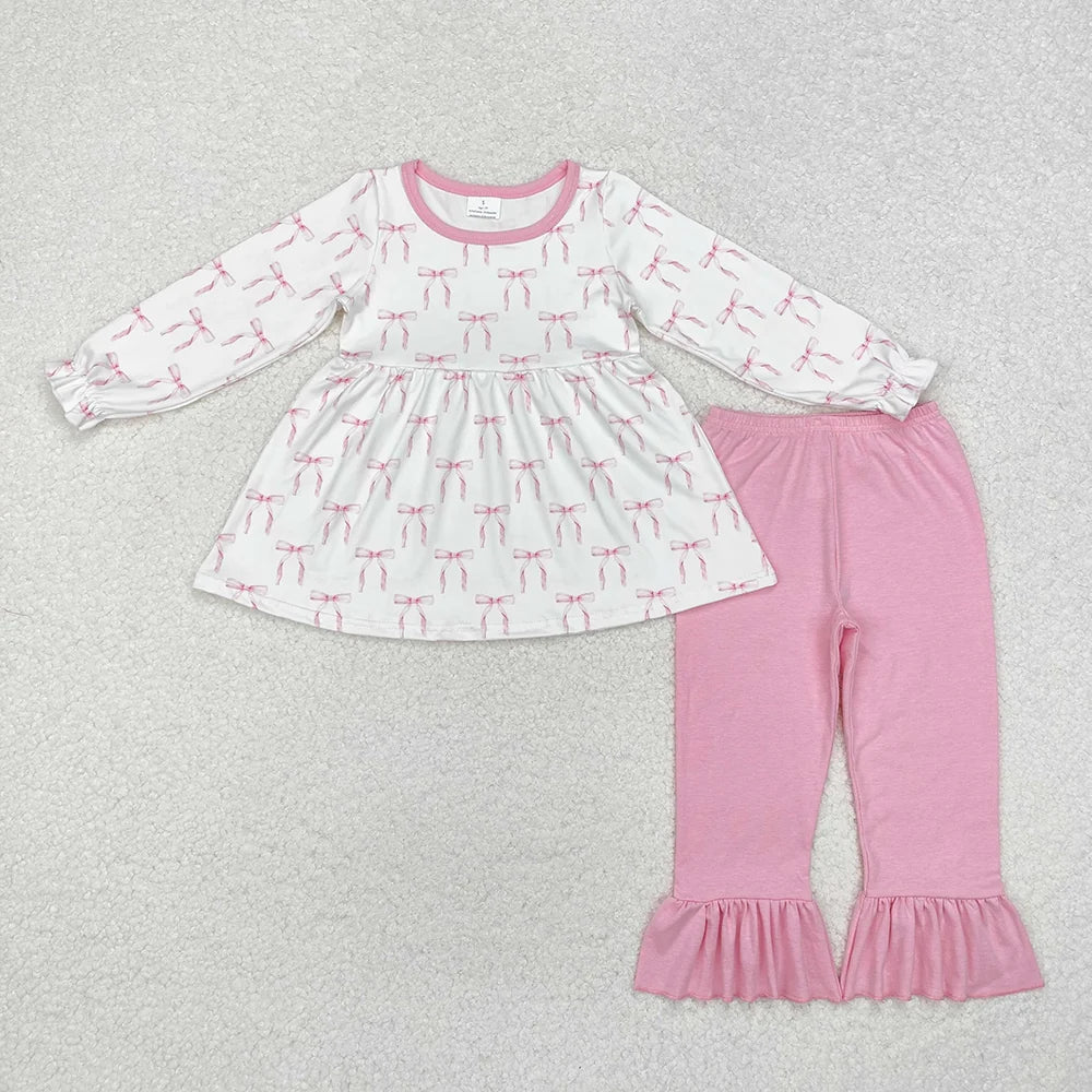 Baby Girls Pink Bow Long Sleeve Tunic Top Pink Ruffle Pants Outfit
