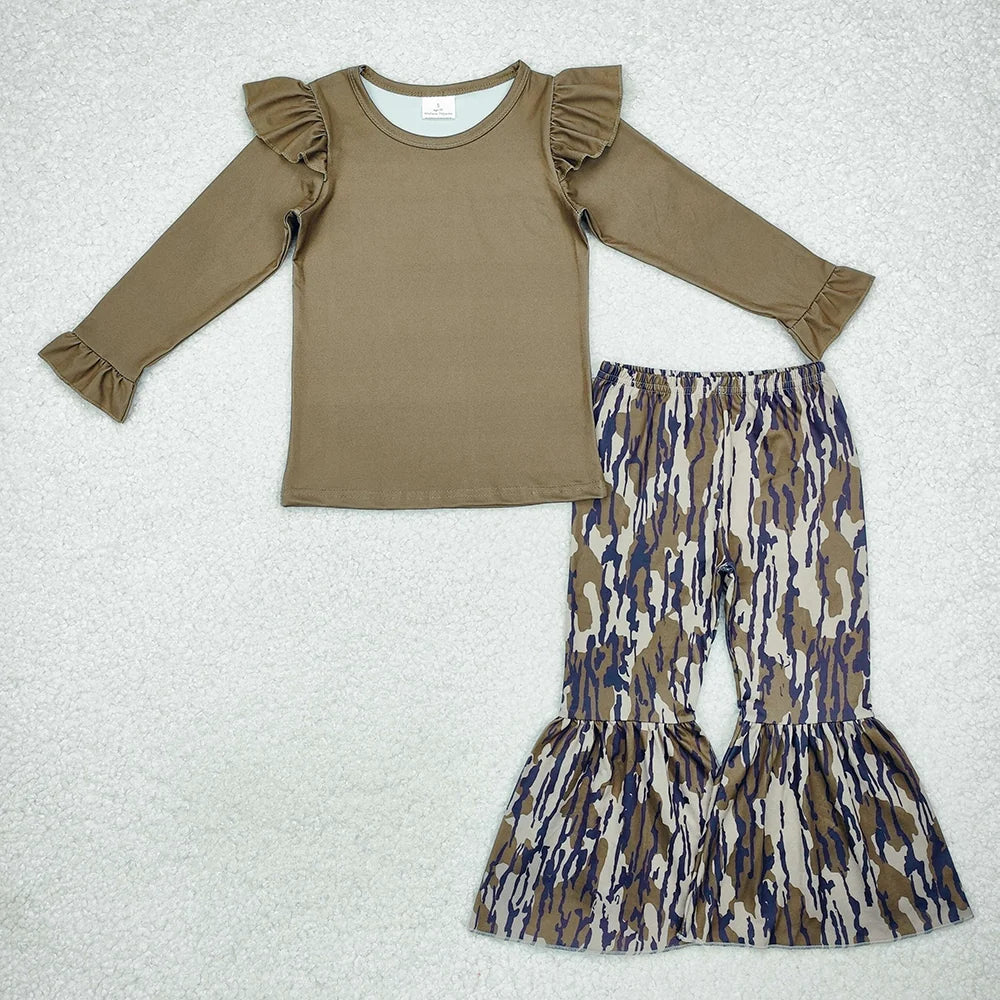 Baby Girls Olive Green Ruffle Sleeve Top with Camo Flare Pants Outfit